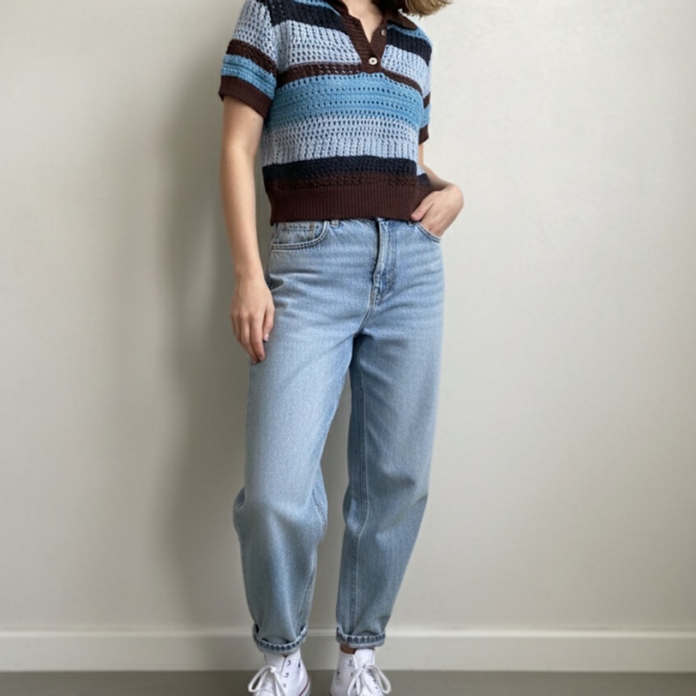 Zara Crochet Polo Sweater with Stripes Size M NWT